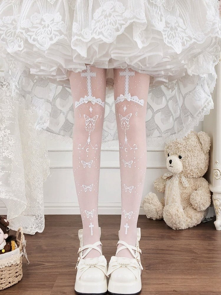 Butterfly & Cross Printed Sheer Lolita Tights, Black or White - Milkcat Studio