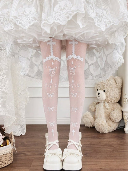 Butterfly & Cross Printed Sheer Lolita Tights, Black or White - Milkcat Studio