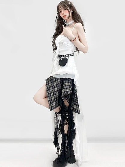 Y2K Glamorous Top Cami Asymmetrical Trim Hem Holiday White Ruffles