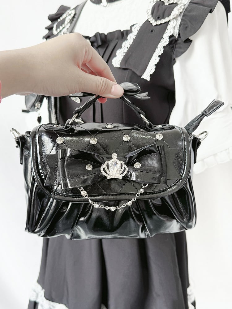 Bag Black with Bow Rhinestone - Jirai Crossbody Kei Interchangeable Crown Strap Heart