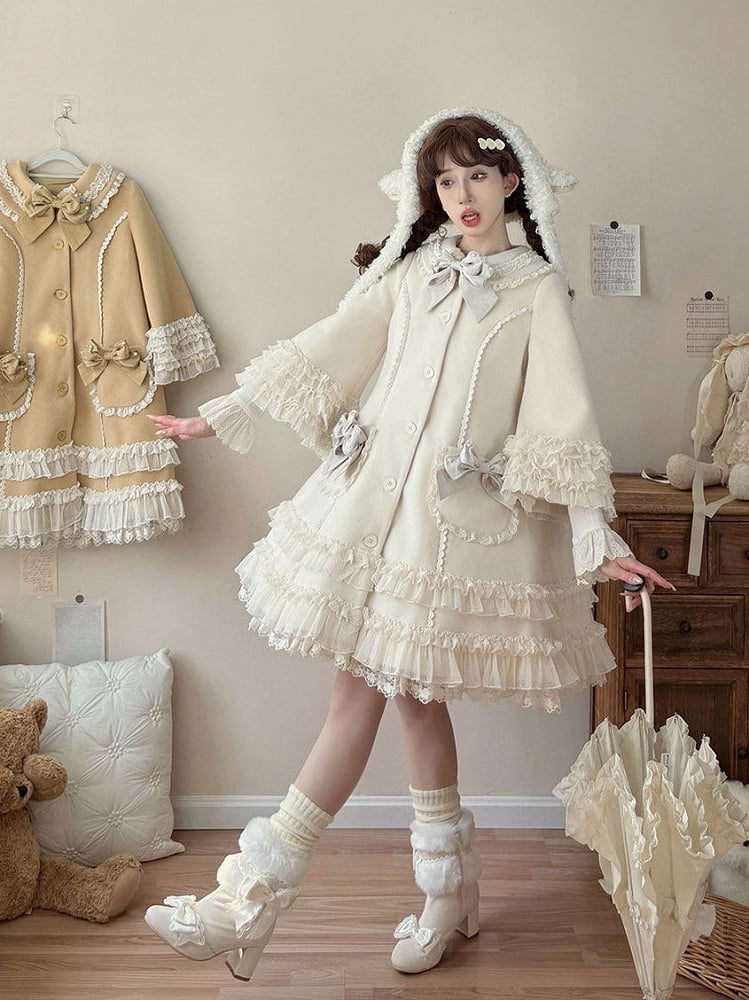 Ruffled Accents Lace Bow Details Sweet and Winter Lolita Coat Beige with
