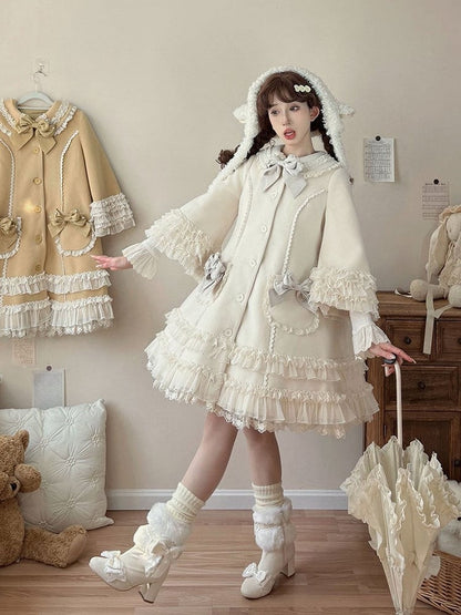 Ruffled Accents Lace Bow Details Sweet and Winter Lolita Coat Beige with