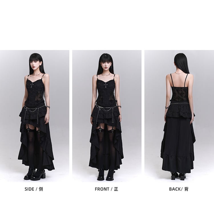 with Beaded Black Lace Patches Waist Cross Decorated Cami Top Chains