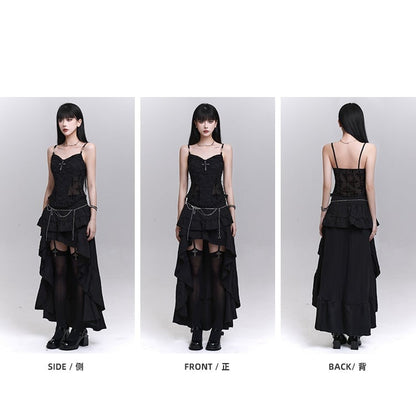 with Beaded Black Lace Patches Waist Cross Decorated Cami Top Chains