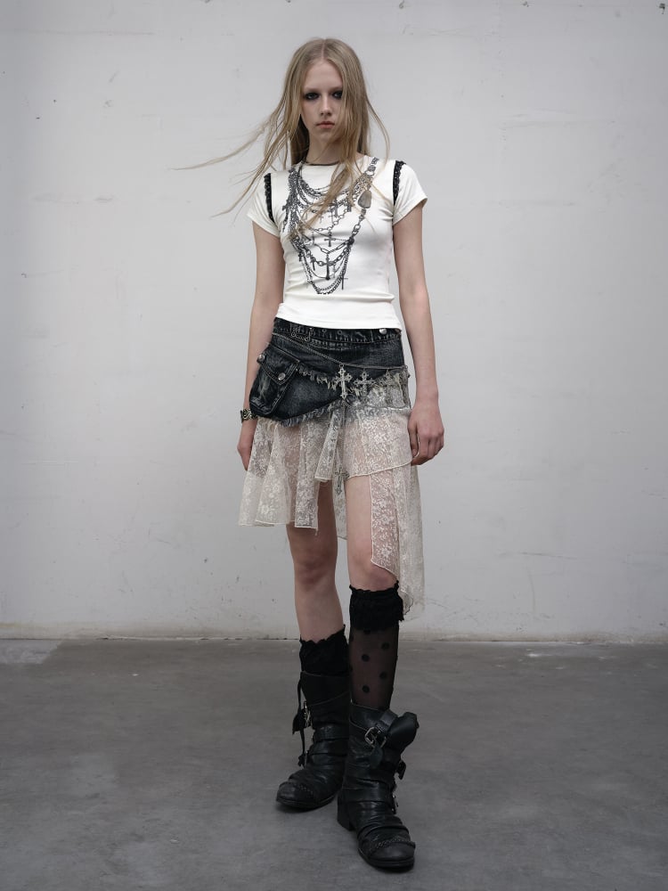 Punk Belt Distressed Adjustable with Hem Blue Denim Lace Asymmetric Skirt