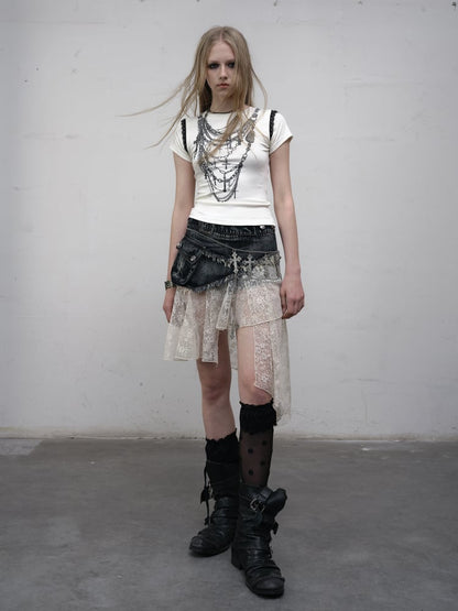 Punk Belt Distressed Adjustable with Hem Blue Denim Lace Asymmetric Skirt