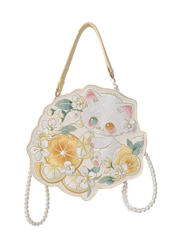 Kawaii Cat Lemon Embroidery Bag Pearl Chain - Miss Cat