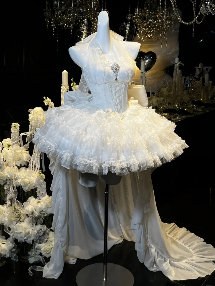 Weißes Hanayome Lolitacore-Kleid mit Neckholder und baskischer Taille zum Selbstbinden