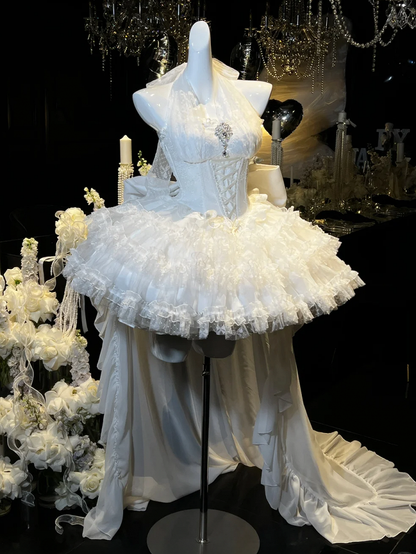 Weißes Hanayome Lolitacore-Kleid mit Neckholder und baskischer Taille zum Selbstbinden