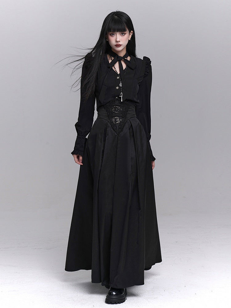 with Waist Accents Metal Ankle-Length Buckle Corset Black Embroidered Skirt Gothic