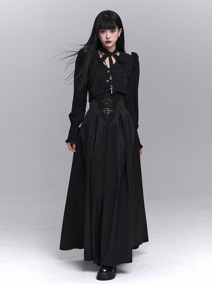 with Waist Accents Metal Ankle-Length Buckle Corset Black Embroidered Skirt Gothic