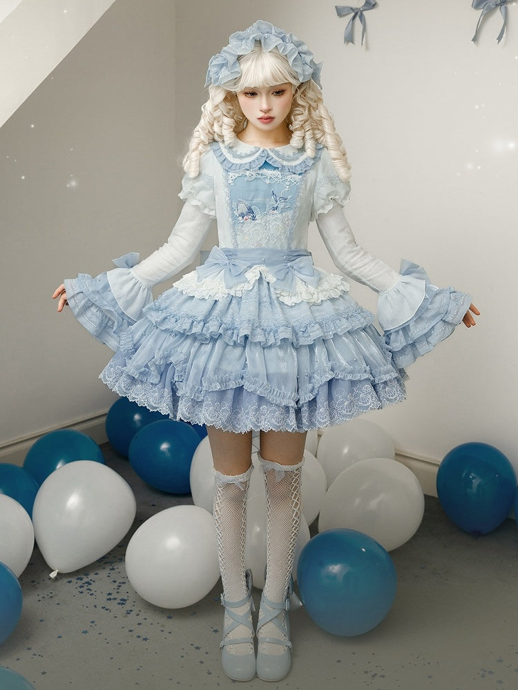 Süße Mieder Ärmeln Abnehmbare Lolita Blau Kleid Strand Wal Druck Stickerei Glocke mit und