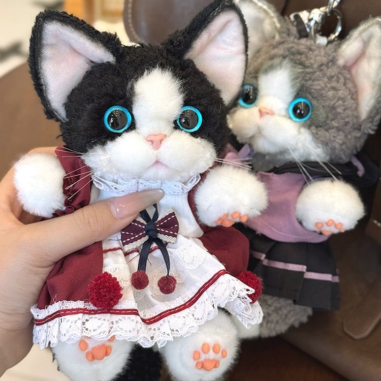 Wine Black/Gray/White Accent Cute Cat Red Skirt with Devon Keychain