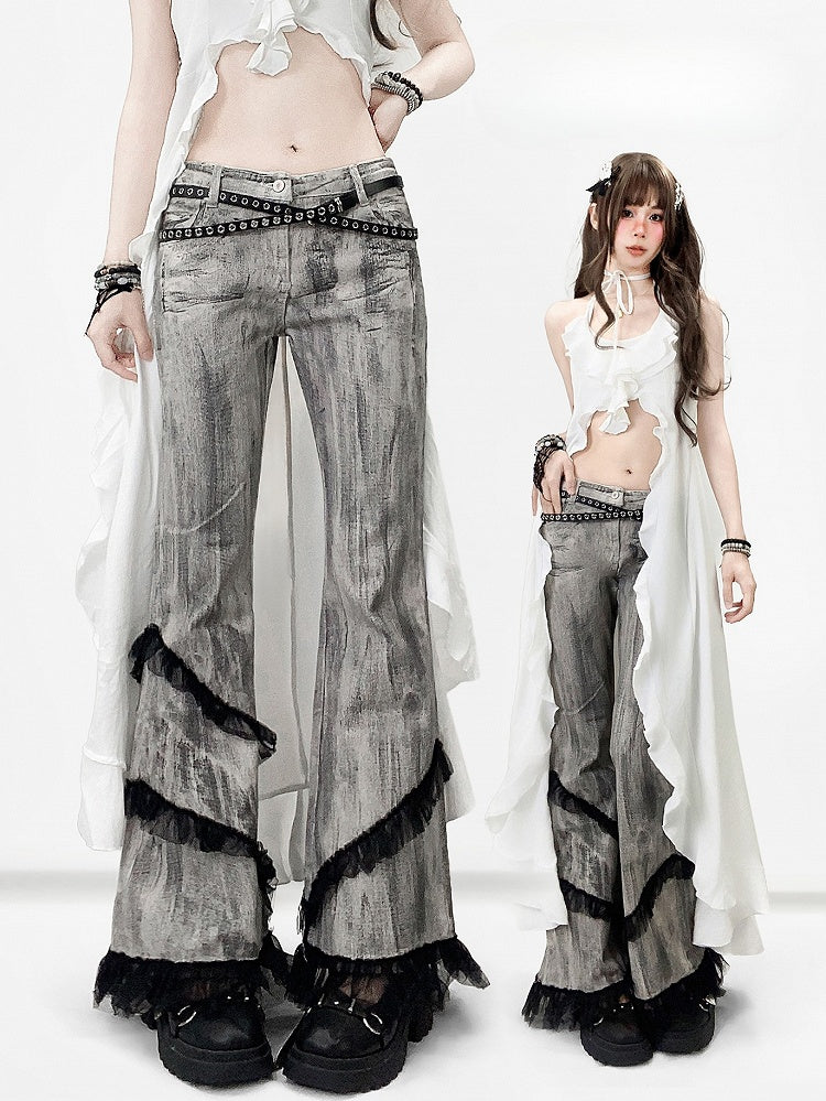 Bittersüße Trim Krawatte Grau Smoky Dye Jeans Silhouette Spitze Flare
