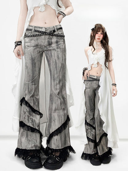 Bittersweet Trim Tie Gray Smoky Dye Jeans Silhouette Lace Flare