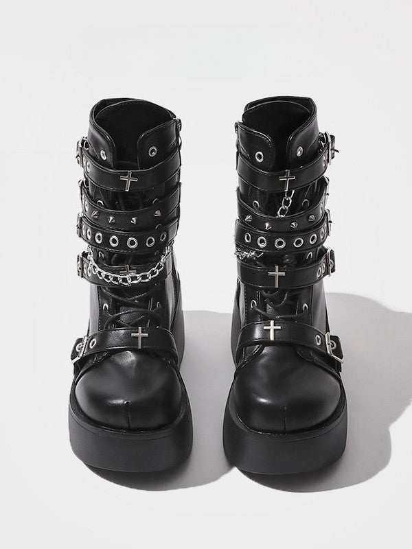 with Matte Gothic Platform Boots - Details Mid-Calf Black Charm Closure Buckle Lace-Up Cross and Chain