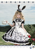 Sweet Lolita Apron Dress OP Full Set with Bunny & Teapot Print in Black and White - Ying Luo Fu