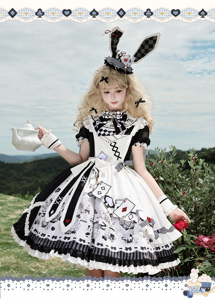 Sweet Lolita Apron Dress OP Full Set with Bunny & Teapot Print in Black and White - Ying Luo Fu