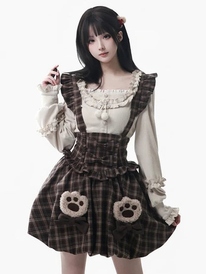 Brown Overall Skirt Puffed with - Bubble Sleeves Hem Plaid