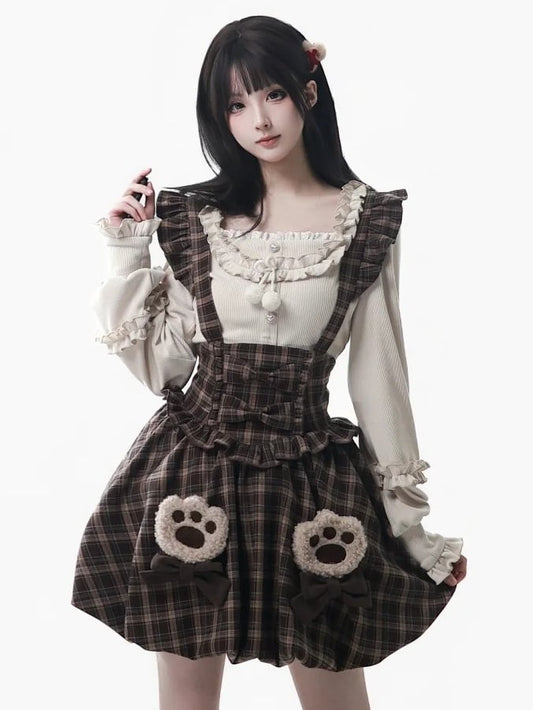 Brown Overall Skirt Puffed with - Bubble Sleeves Hem Plaid