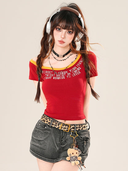 Neckline Asymmetrical Bittersweet Glamorous Letter Blue/Red