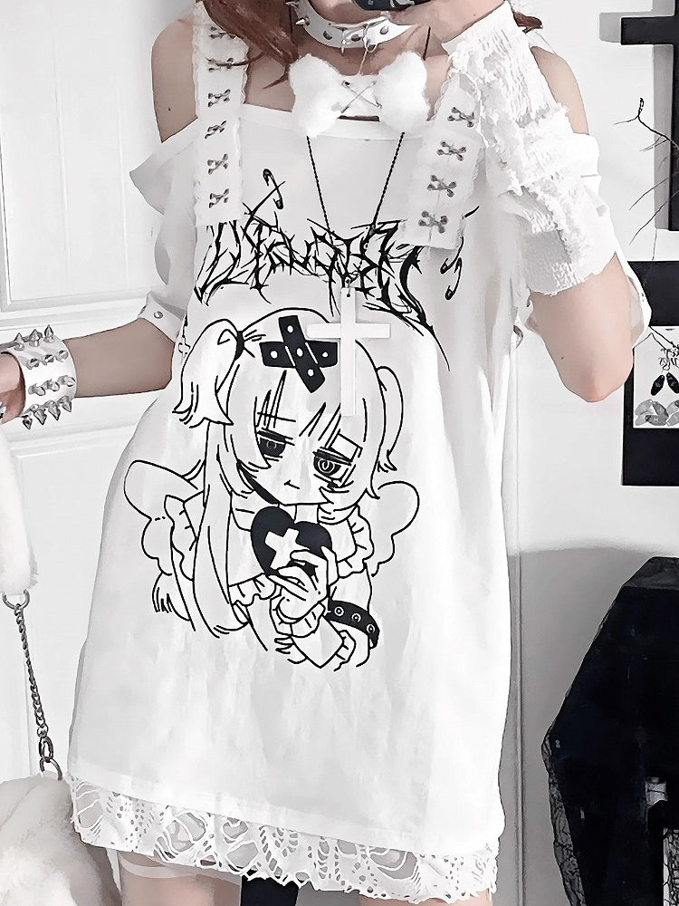 Topwith White Subculture Girl Gothic Anime PrintCross-Buckle Straps Off-Shoulder