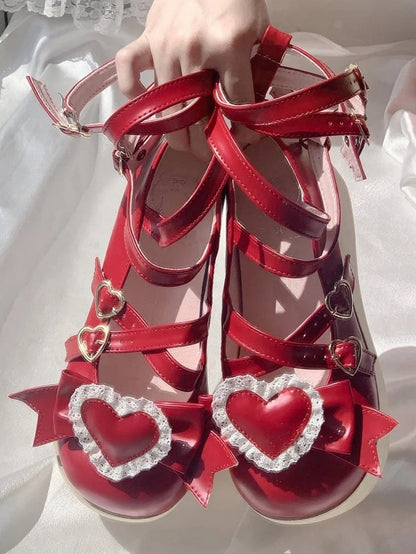 - Bow Red Sole Round Pattern Janes Toe Detachable 6.5cm Shoes Heart with Mary Platform Wood