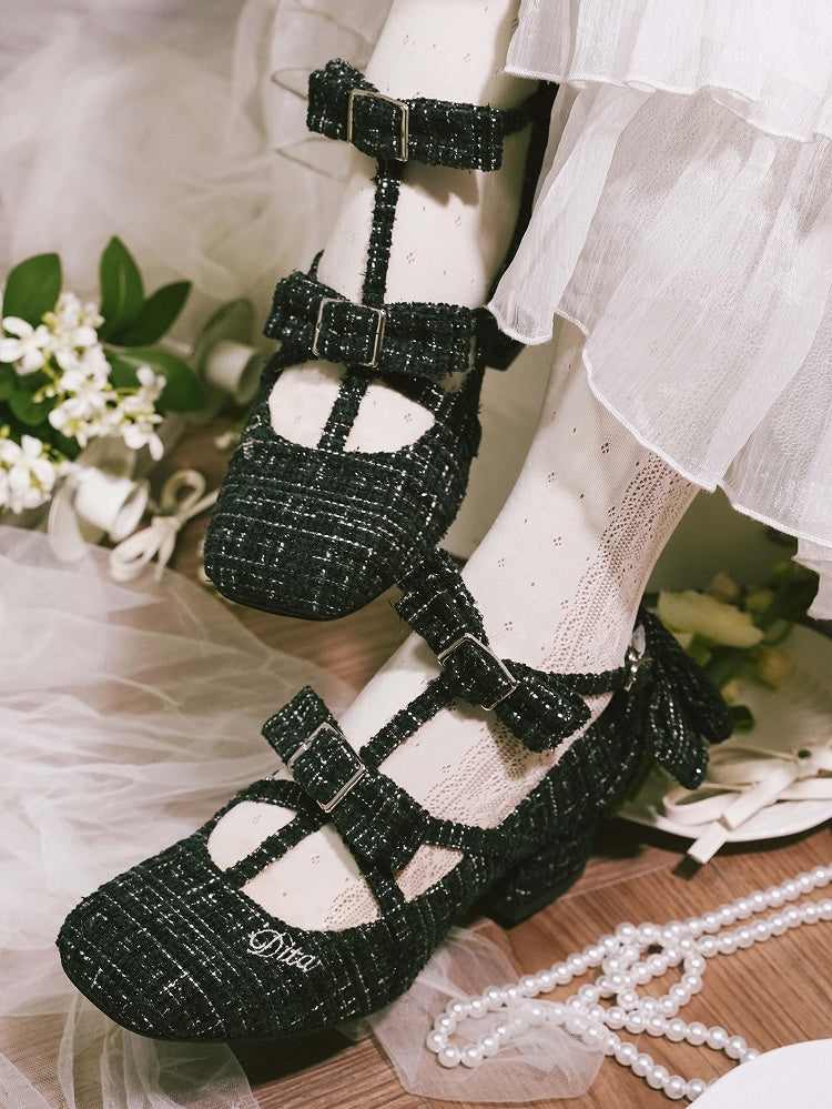 Design Lolita Black Accents Square with Bow Elegant Toe T-strap Shoes