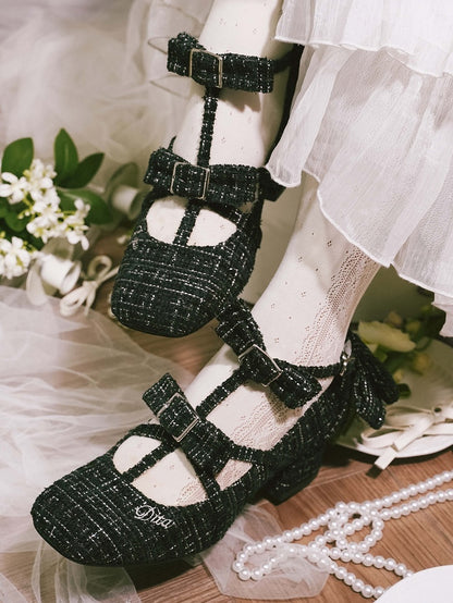 Design Lolita Black Accents Square with Bow Elegant Toe T-strap Shoes