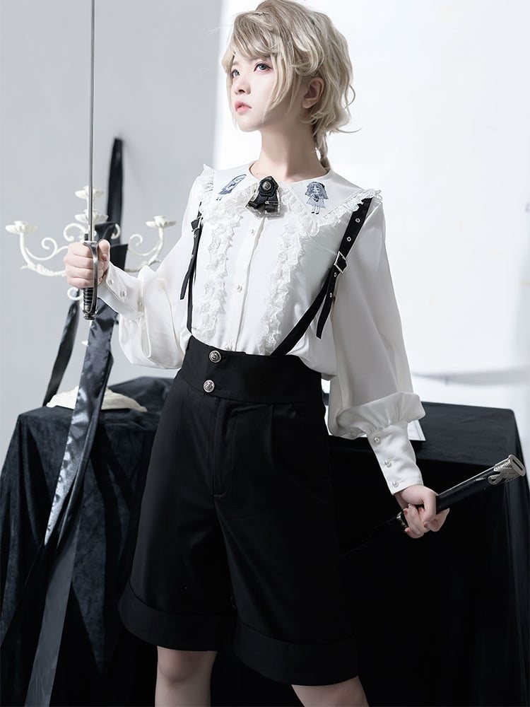 Schwarze Ouji Lolita-Overall-Shorts mit geradem Bein und hoher Taille