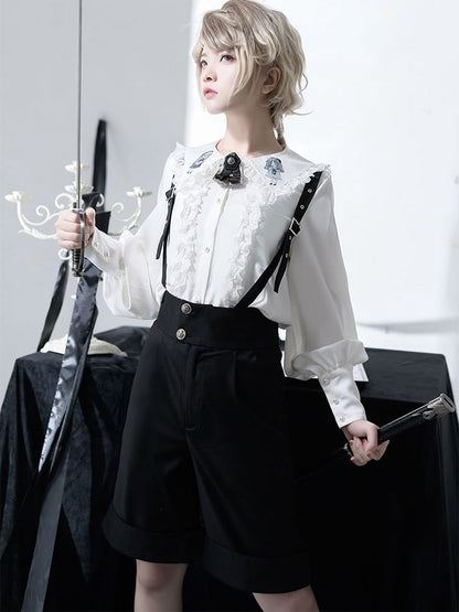 Schwarze Ouji Lolita-Overall-Shorts mit geradem Bein und hoher Taille
