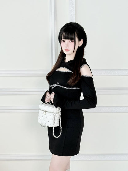 mit Jirai Kawaii Kei Kleid Brust und Schulter Schwarzer Alltagshoodie Ausschnitte über dem Knie