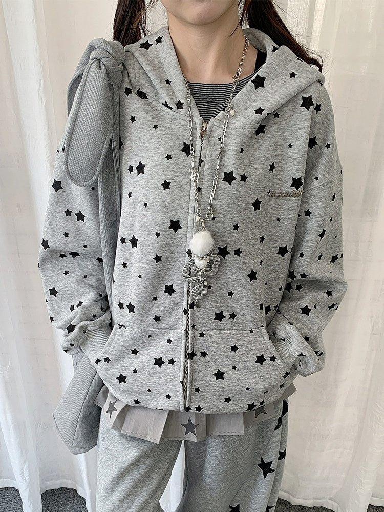 Cute White/Gray Rabbit Ear Zip-Up Hoodie with Star Print Pattern - Solkatt