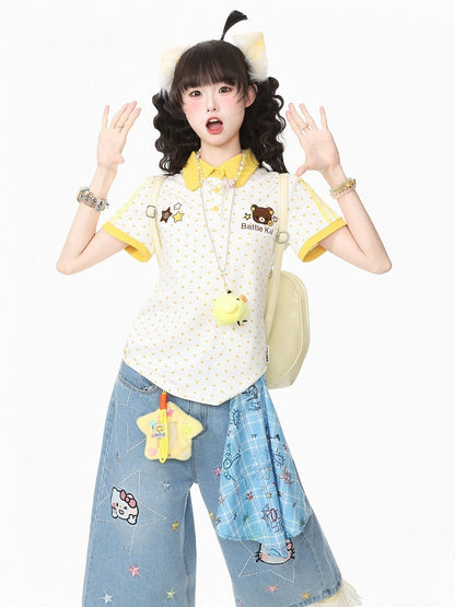 Yellow Polka-Dot Tee with Bear Motif & Chick Charm - Languid Park
