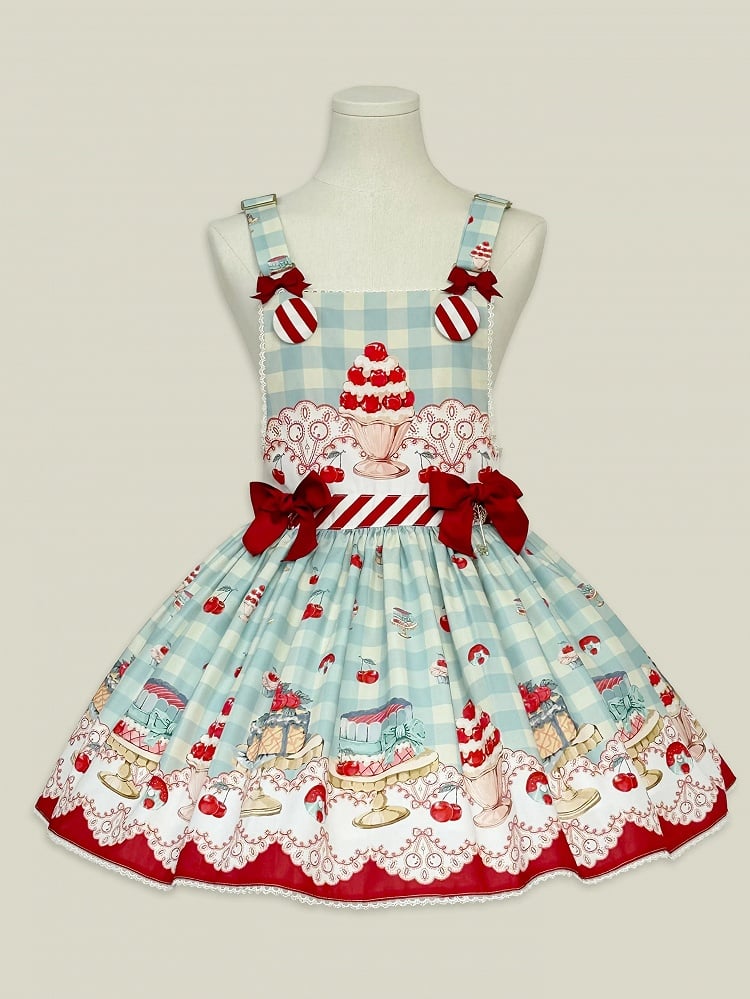 Cherry and Dessert Print Mint Green Sweet Lolita Overall Dress