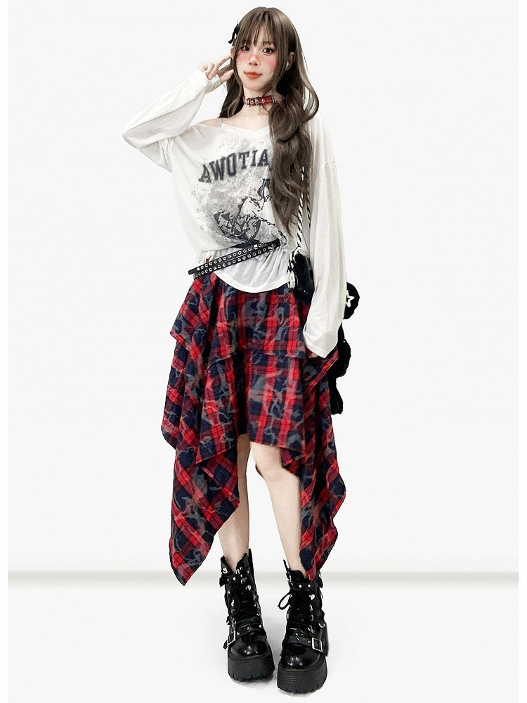 非対称プリントトップス、ネックライン、長袖、ホワイトデザイン