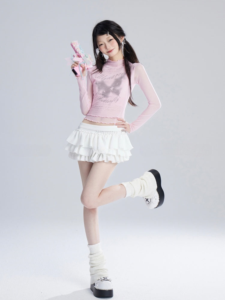 ベージュのローバレエコアウエストミニティアードスカート