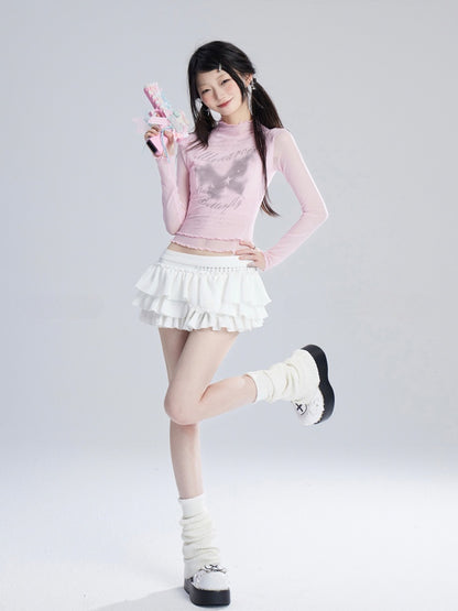 ミニティアードスカート ベージュ ローバレエコアウエスト