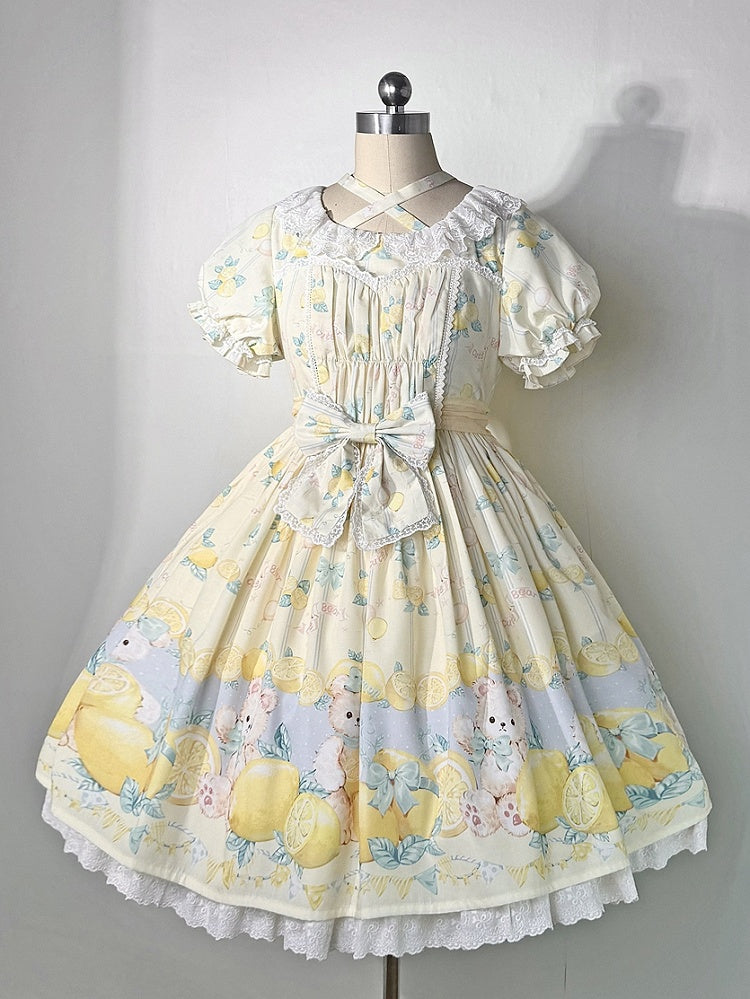 Lemon Yellow Lolita Sleeves Print Sweet Short Dress Teddy and