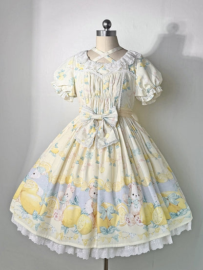 Lemon Yellow Lolita Sleeves Print Sweet Short Dress Teddy and