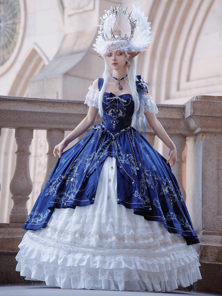 Dark Blue and White Boned Corset Bodice Gorgeous Printed Train Lolita Dress Full Set