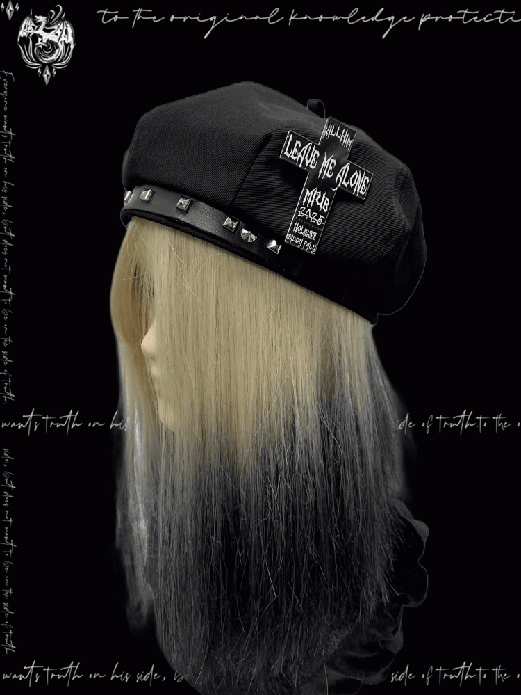 Y2K Black Cross Accent Punk Beret Studded Bittersweet Rock