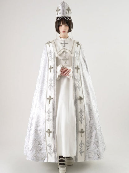 Embroidery Silver Cross Lolita Decorated Details Nun White and Cloak