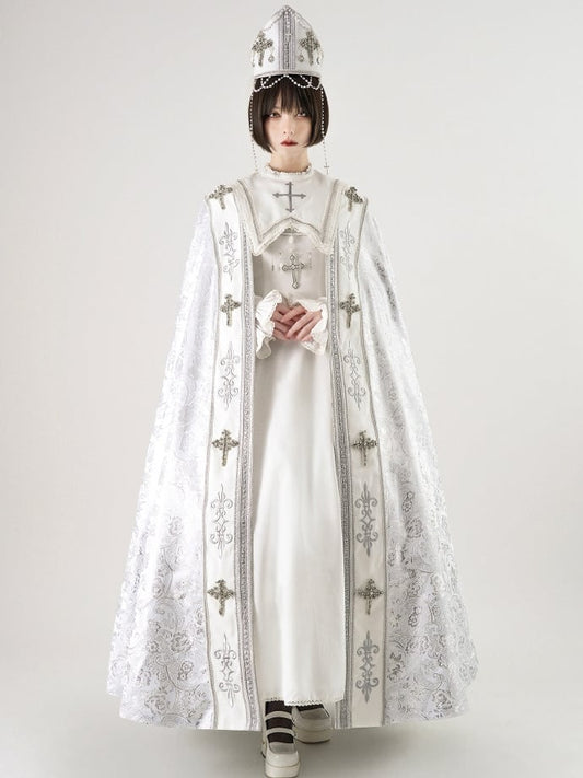 Embroidery Silver Cross Lolita Decorated Details Nun White and Cloak