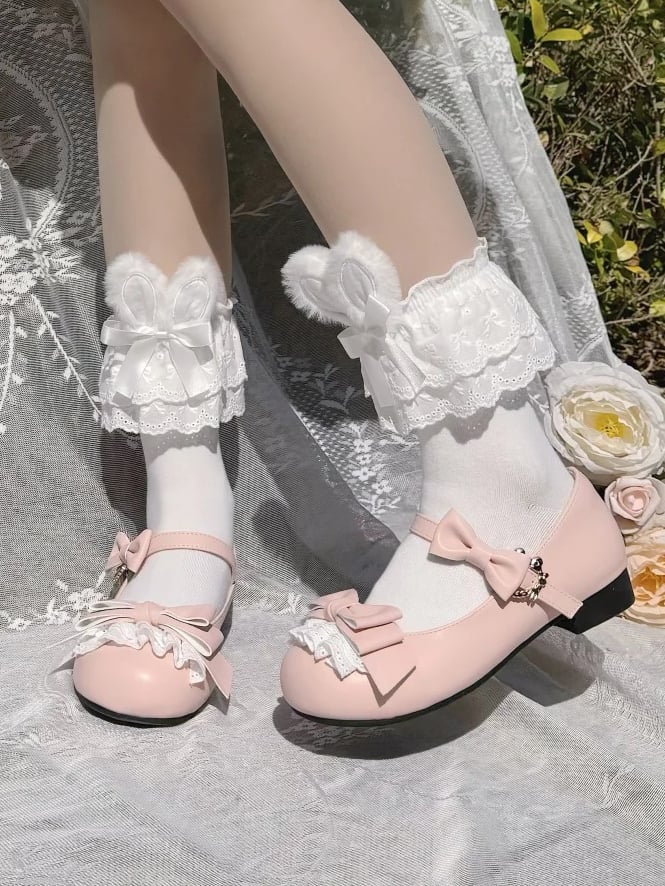 Low-heel/Mid-heel Accents Sweet Delicate Bow Lace Mary Pink Lolita Shoes in Jane