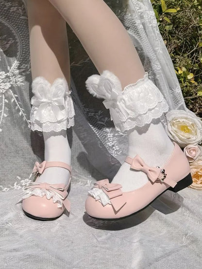 Low-heel/Mid-heel Accents Sweet Delicate Bow Lace Mary Pink Lolita Shoes in Jane