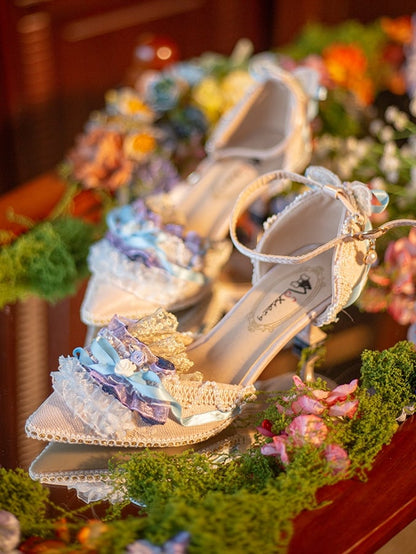 Bow Accent Design BluePurple High Decorated Toe Pointed Heels Knotted Beaded Floral 5CM/8CM