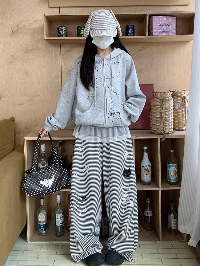 Cat Wide-leg Gray Hem Drawstring Print Star Striped Pants -