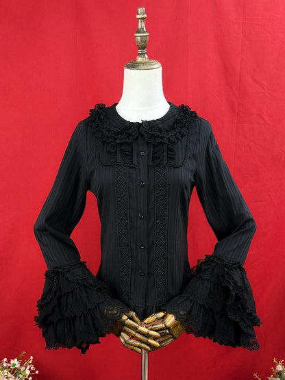 Bell Sleeves Lolita Cotton Jacquard Black Long Blouse