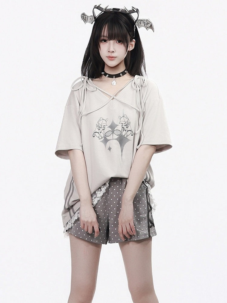 Summer Light Gray Cartoon Print V-Neck Top with Ties and Lace - PINK SAVIOR